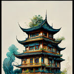 手绘古风建筑，色彩艳丽，层次感强