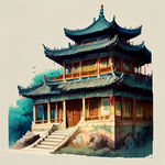 手绘古风建筑，色彩艳丽，层次感强
