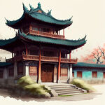 手绘古风建筑，色彩艳丽，层次感强