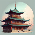 手绘古风建筑，色彩艳丽，层次感强