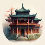 手绘古风建筑，色彩艳丽，层次感强