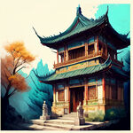 手绘古风建筑，色彩艳丽，层次感强