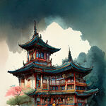 手绘古风建筑，色彩艳丽，层次感强