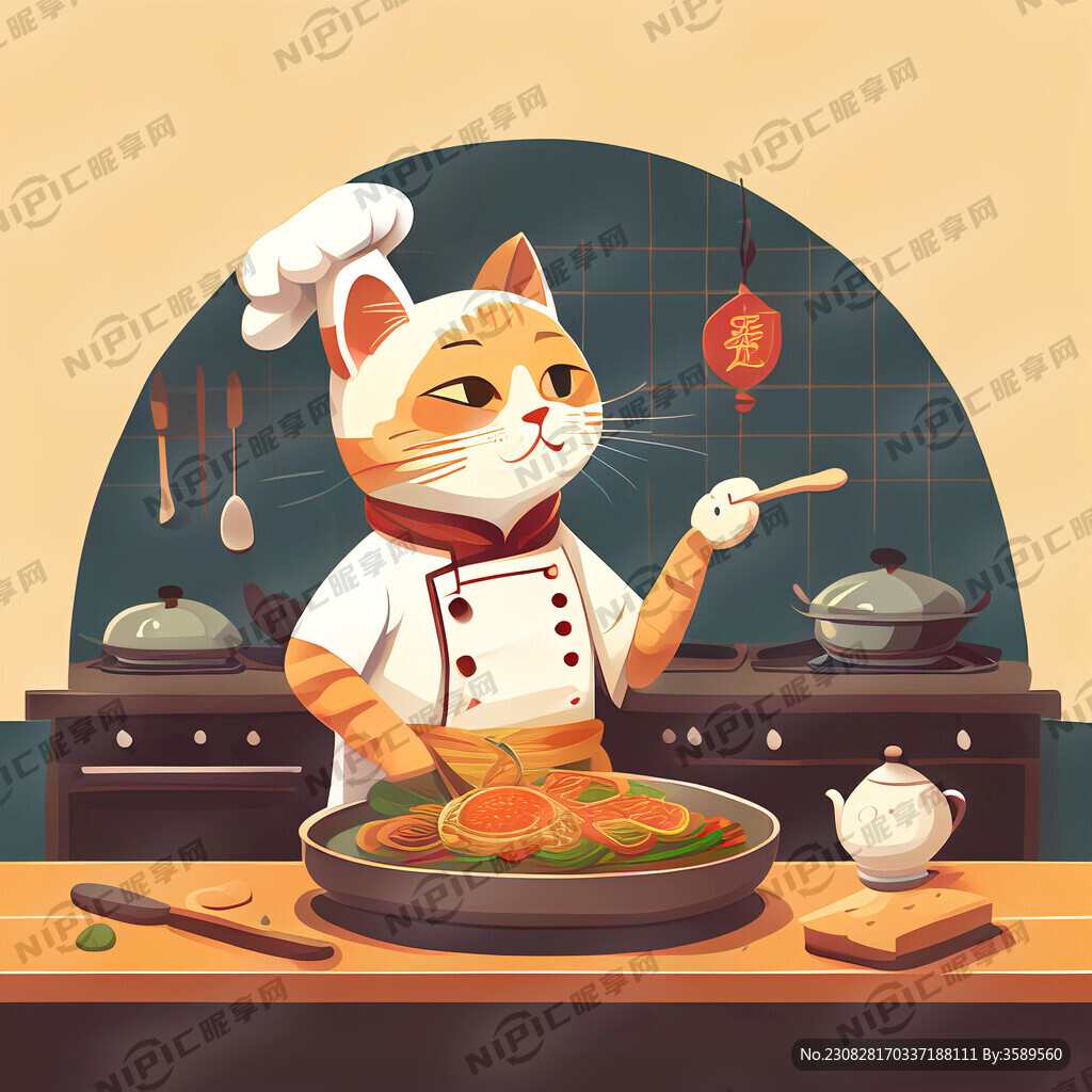 猫 厨师 平面插画