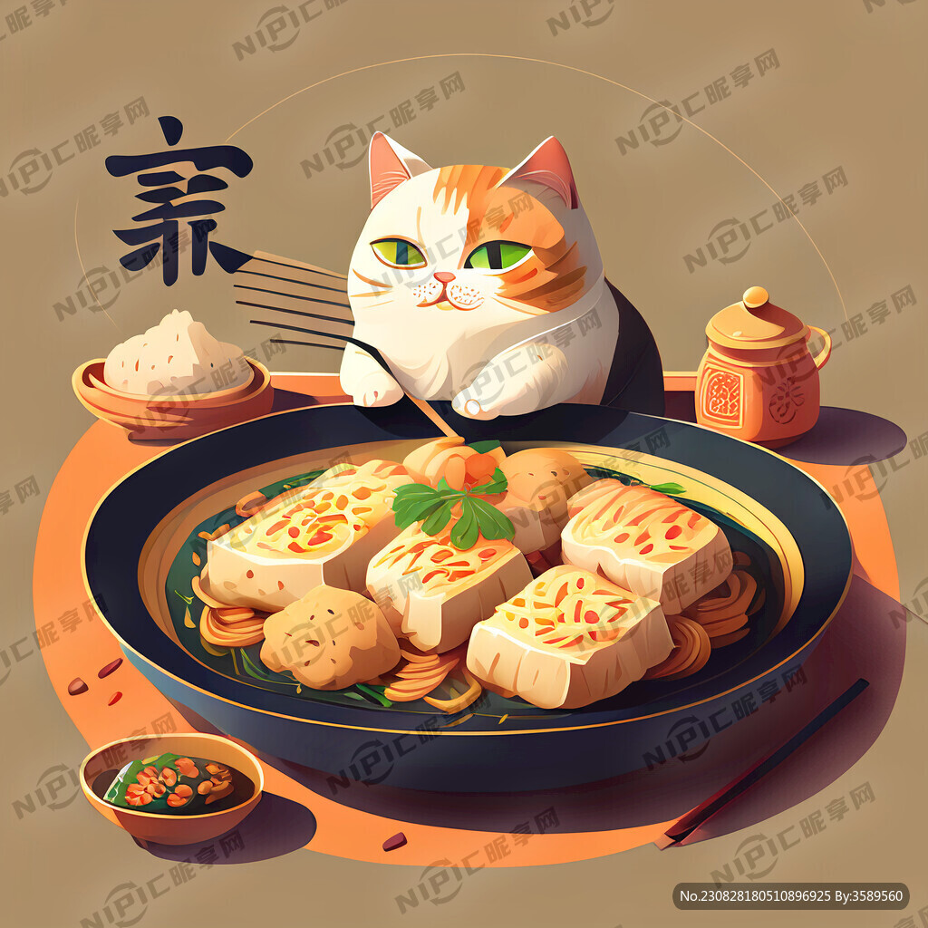 俏皮猫咪 美食 平面插画