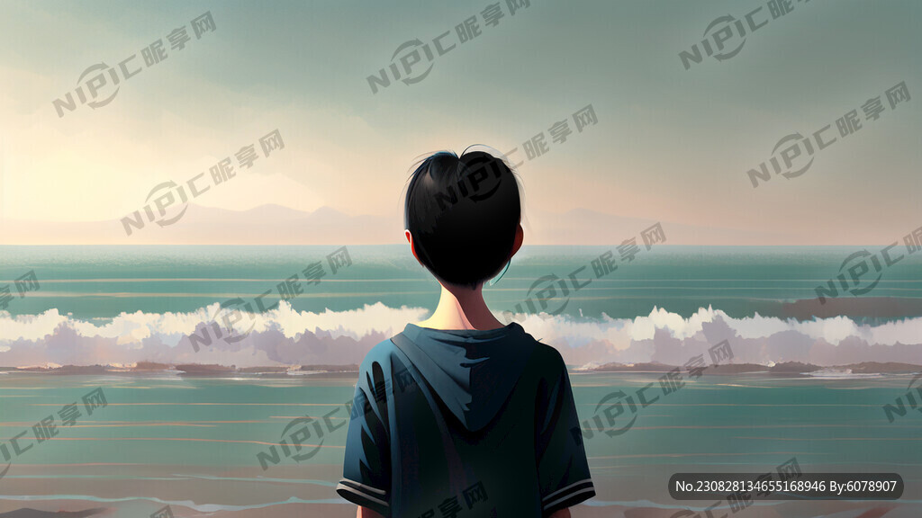 背景少年看着大海