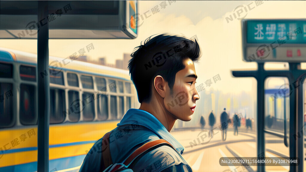 公交车站 艳阳高照 帅哥回眸