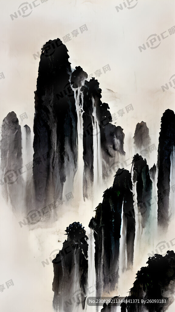 水墨瀑布 大面积水 倾泻而下