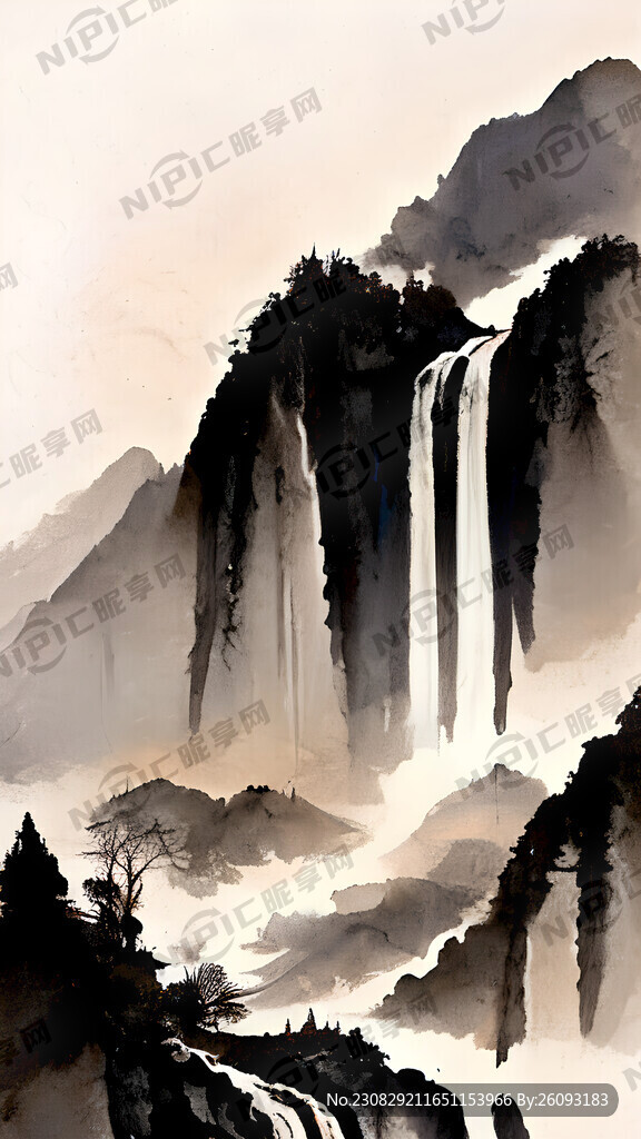 水墨瀑布 大面积水 倾泻而下