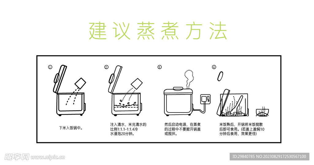 大米包装米饭蒸煮步骤过程矢量图