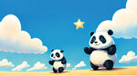 派大星和熊猫一起运动会，蓝天白云，很高兴，插画