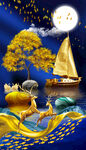 金色帆船湖畔麋鹿玄关挂画装饰画