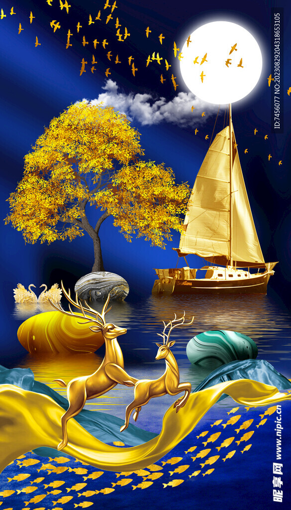 金色帆船湖畔麋鹿玄关挂画装饰画