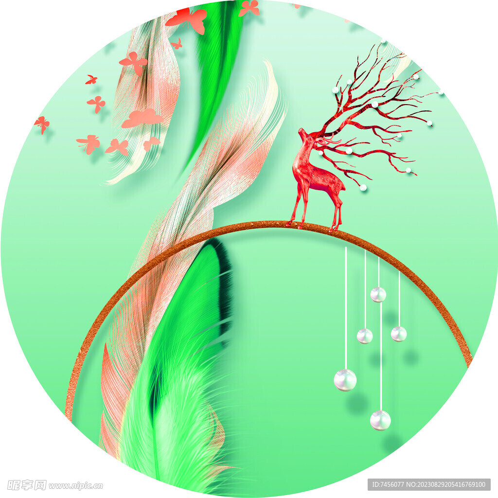 麋鹿轻奢羽毛圆形挂画装饰画