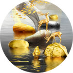 麋鹿鹅卵石湖畔圆形挂画装饰画