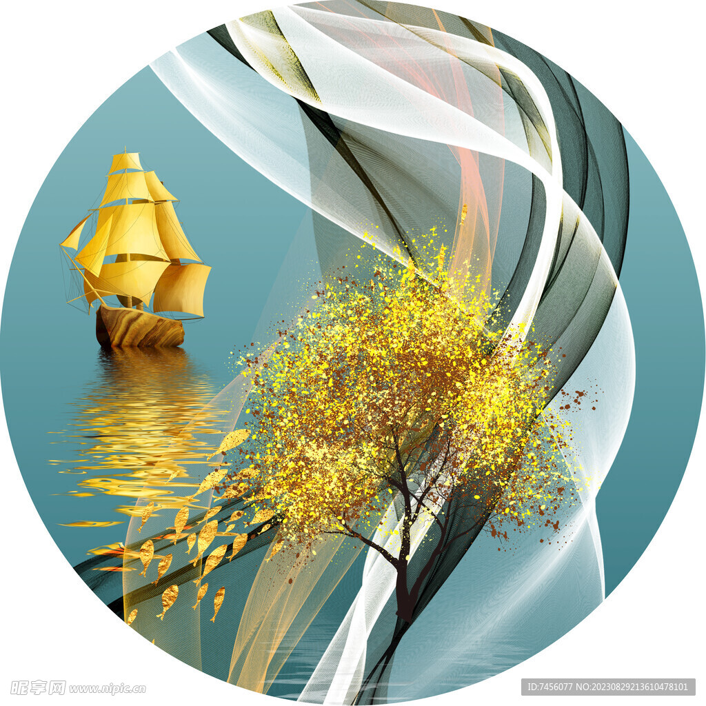 金色帆船湖畔圆形挂画装饰画