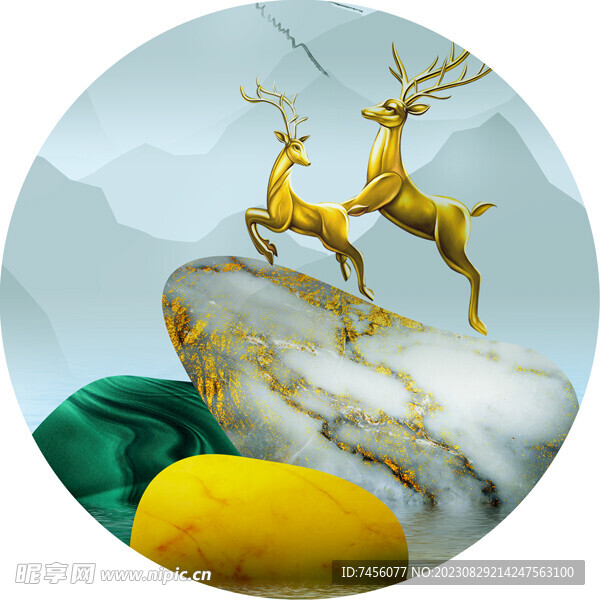 金色麋鹿鹅卵石圆形挂画装饰画