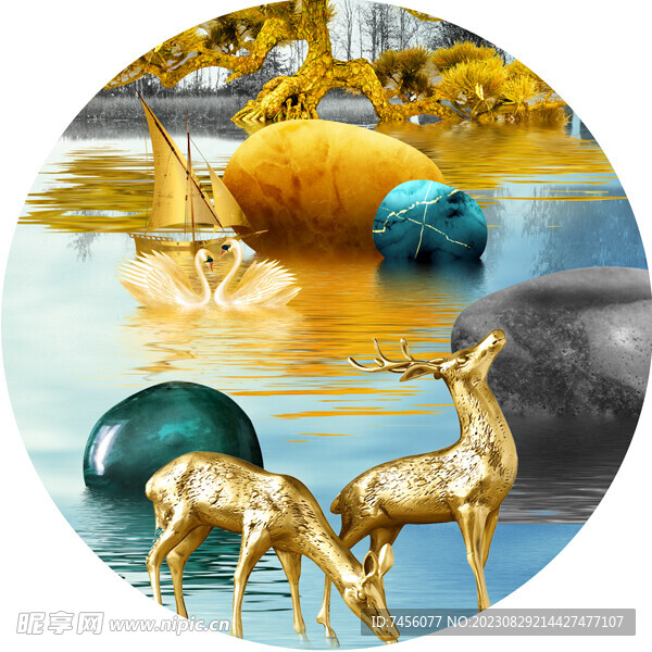 湖畔鹅卵石水彩圆形挂画装饰画