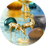 金色麋鹿鹅卵石湖畔圆形挂画