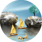 金色麋鹿湖畔帆船鹅卵石圆形挂画
