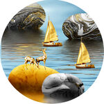 金色帆船湖畔鹅卵石圆形挂画装饰