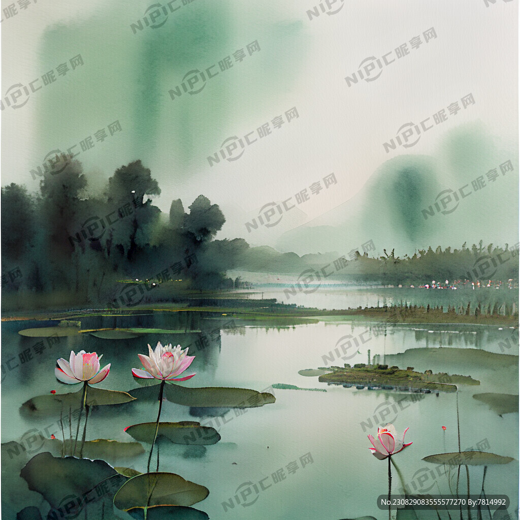 古风荷花池 超宽画幅 水彩插画