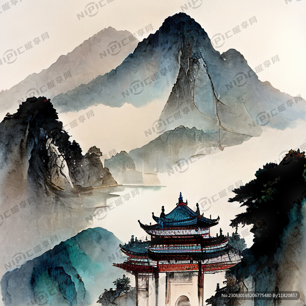 中式建筑 山间 寺庙 湖面