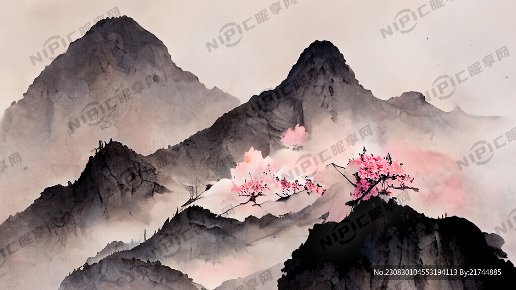 山谷 中国风 中国画 粉色桃花
