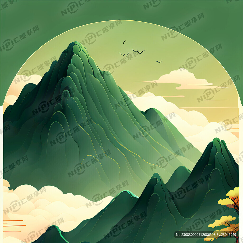 绿色中国风 卡通山画背景
