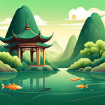 绿色中国风，卡通山水画，有凉亭，河水流淌，小鱼漫游背景