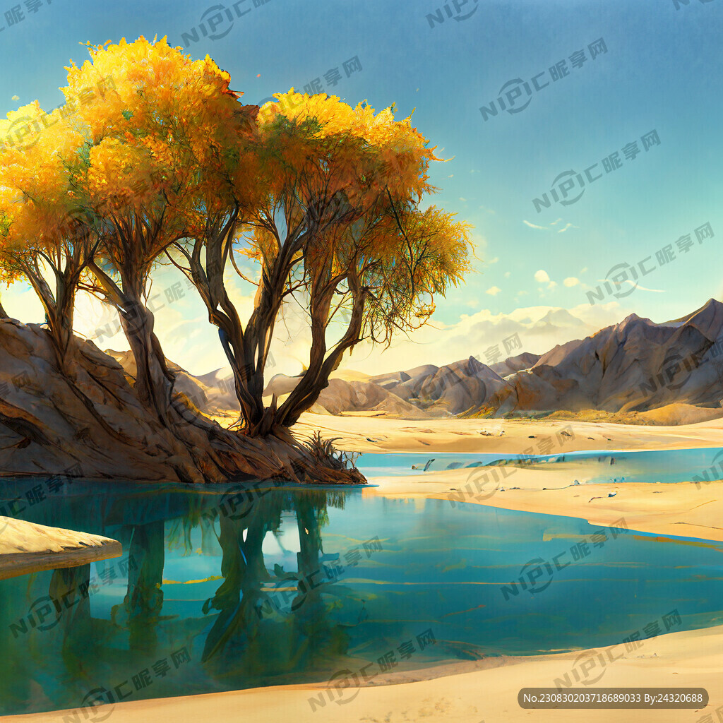 沙漠绿洲湖泊胡杨树