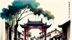 跨街道的龙门架，牛油果元素，傣族元素，佤族元素，少数民族特色，两个柱子，