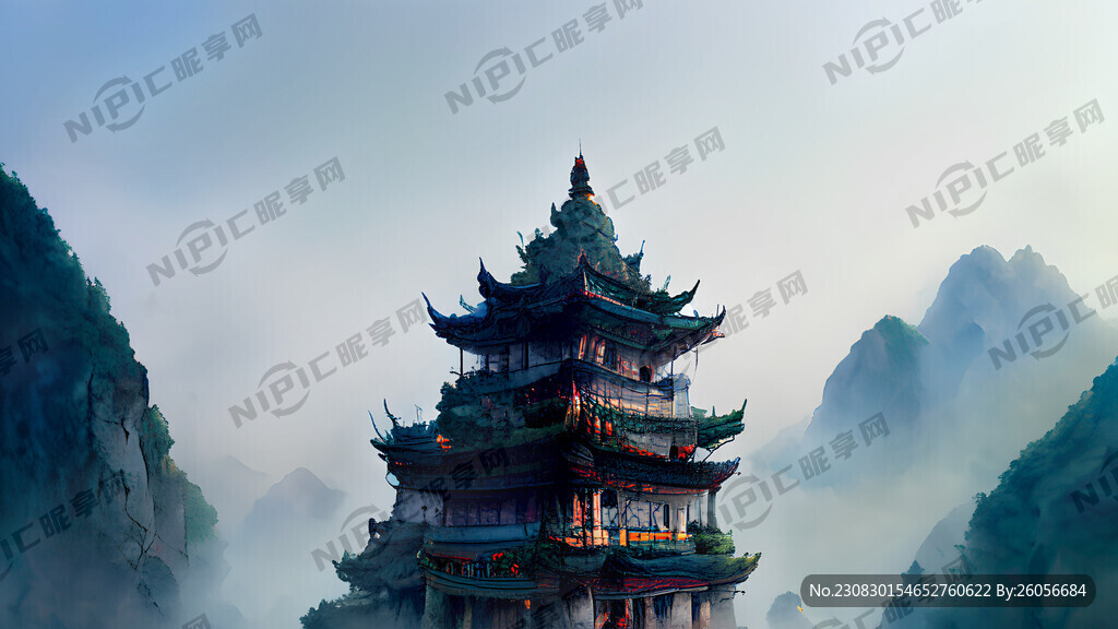 高山上的寺庙山峦雾天上风景仙人