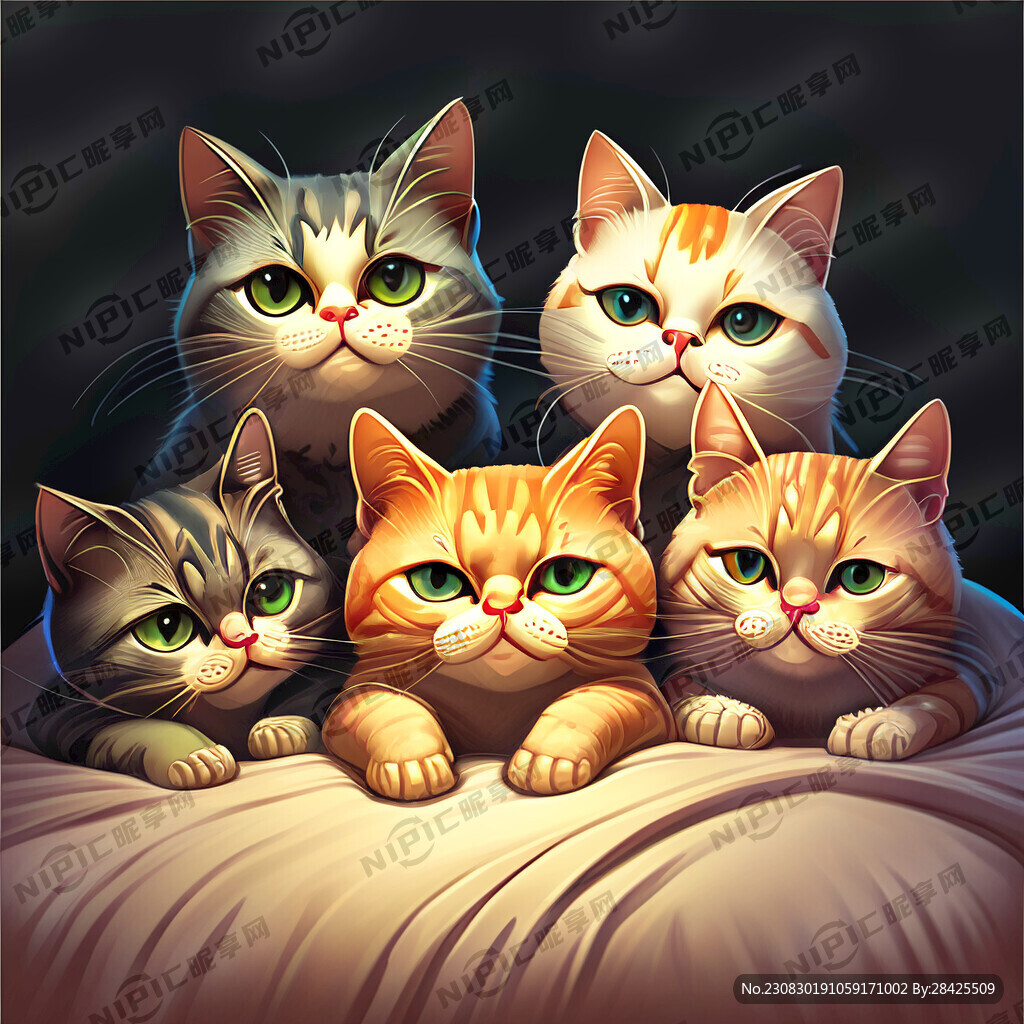 五只猫咪 横版 床头画