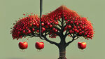 一颗高大的苹果树，分成有明显分界线的三个叉，结满小小的红色苹果，挂满枝头