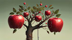 一颗高大的苹果树，分成有明显分界线的三个叉，结满小小的红色苹果，挂满枝头