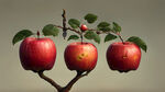 三棵苹果树并列，每一棵苹果树都结满小小的红色苹果，挂满枝头
