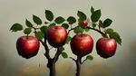 三棵苹果树并列，每一棵苹果树都结满小小的红色苹果，挂满枝头，不要大苹果，要小苹果，树叶茂盛一点，树干粗一些