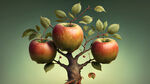 一颗苹果树有三个树干，树叶茂盛，苹果小而且多，没有大苹果