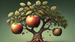 一颗苹果树有三个树干。结满很多小苹果，树叶繁盛