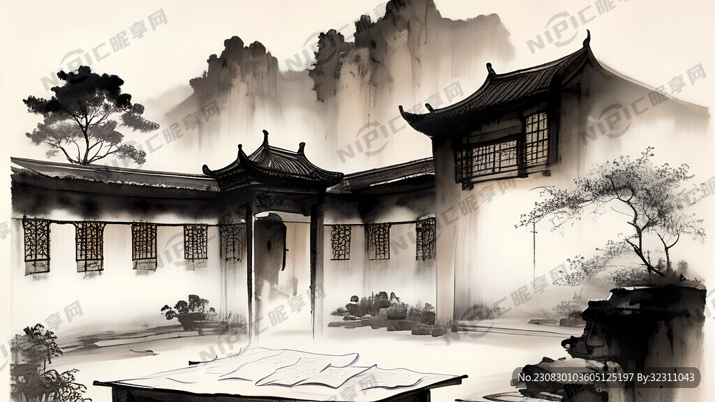别墅 广厦 庭院 古风 水墨