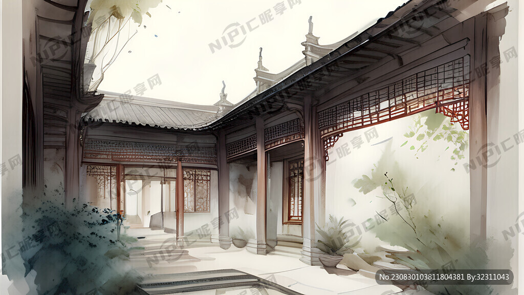 别墅 庭院 古风 水彩 中国风