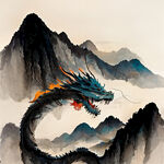 中国龙插画，色彩明快，层次感强，画风细腻，高山，大海，圆形