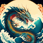 龙插画，色彩明快，层次感强，画风细腻，高山，大海，浅色背景
