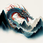 龙插画，色彩明快，层次感强，画风细腻，高山，大海，浅色背景