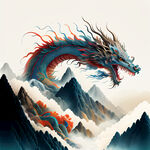 龙插画，色彩明快，层次感强，画风细腻，高山，大海，浅色背景