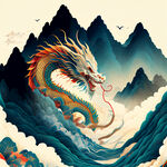 龙插画，色彩明快，层次感强，画风细腻，高山，大海，浅色背景