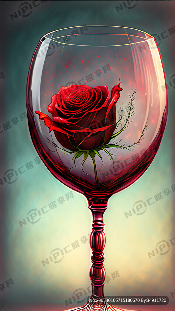 高脚杯红酒红玫瑰花玻璃感梦幻
