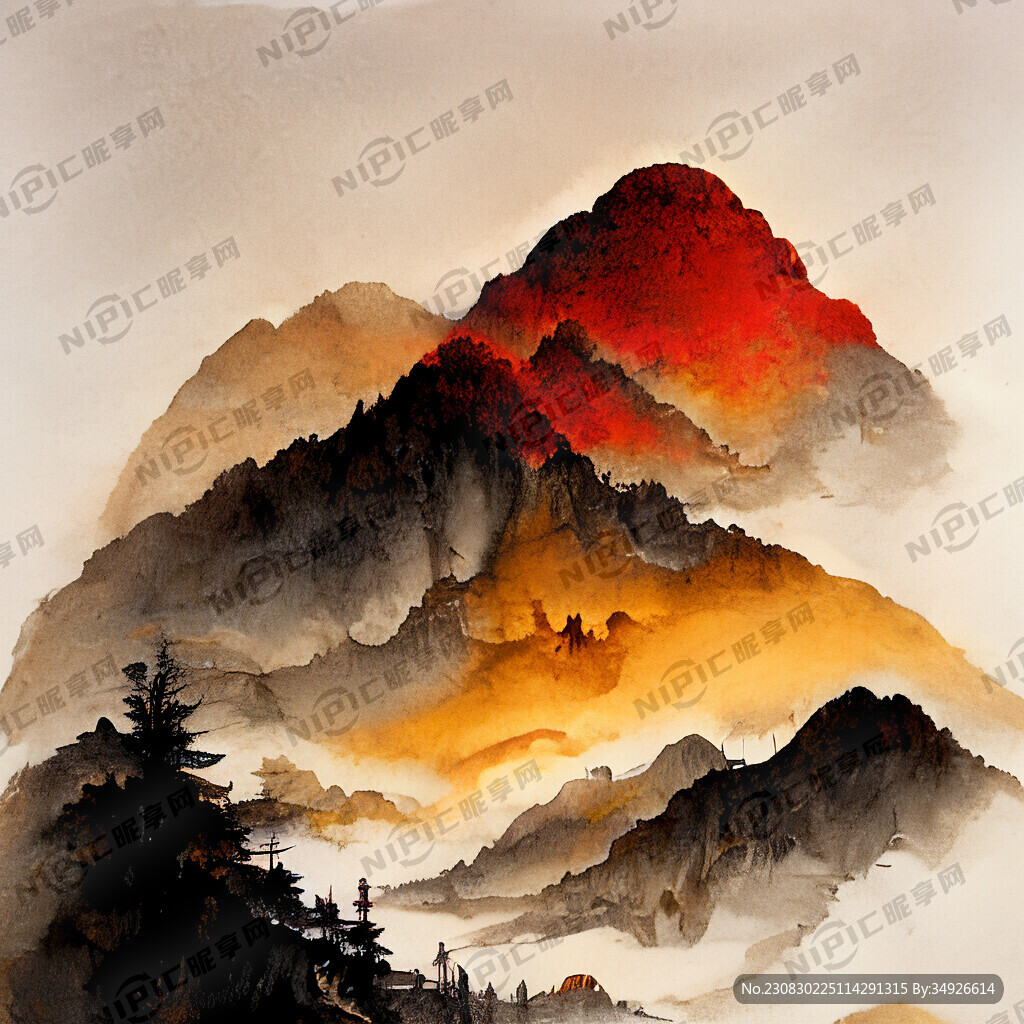 火红天空黄金山水画