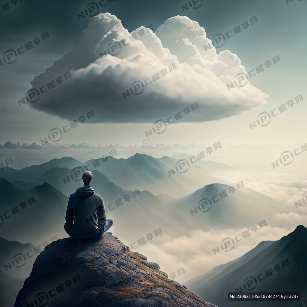 一个人坐山顶上望着白云沉思